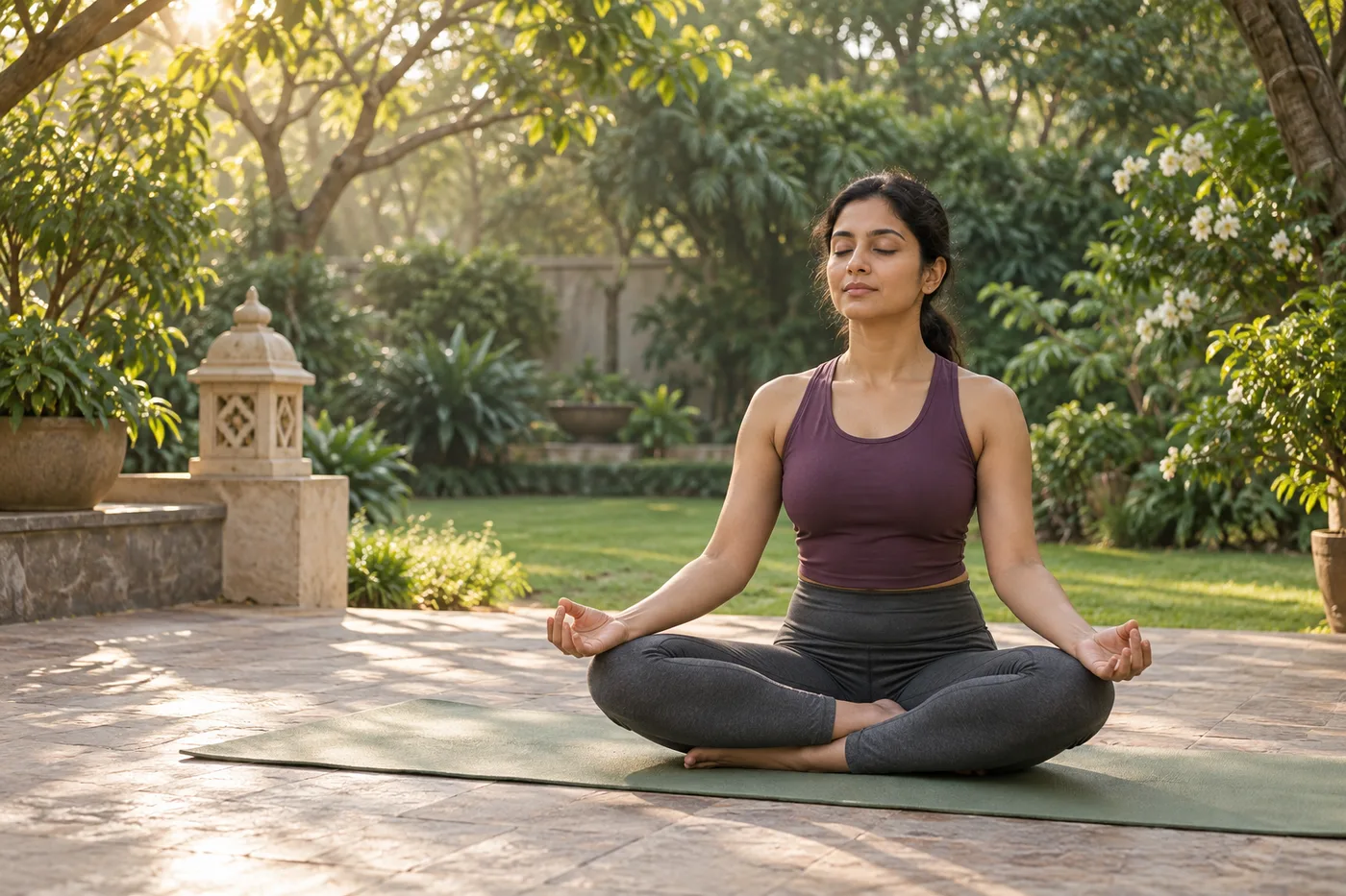 Indian yoga practitioner meditating peacefully in a garden